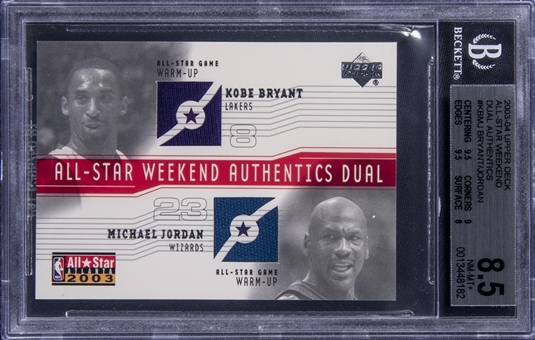 2003/04 Upper Deck All-Star Weekend Authentics "Dual Warmup" #ASKBMJ Michael Jordan/Kobe Bryant Dual Jersey Card - BGS NM-MT+ 8.5